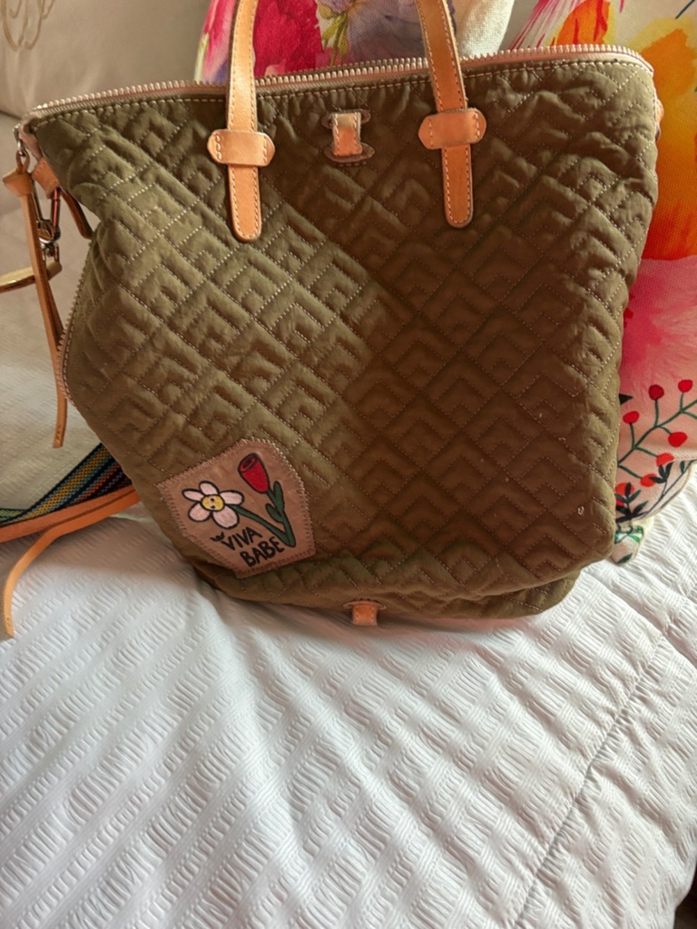 Consuela Olive Quilted Tote with Tan Trim and Floral Patch